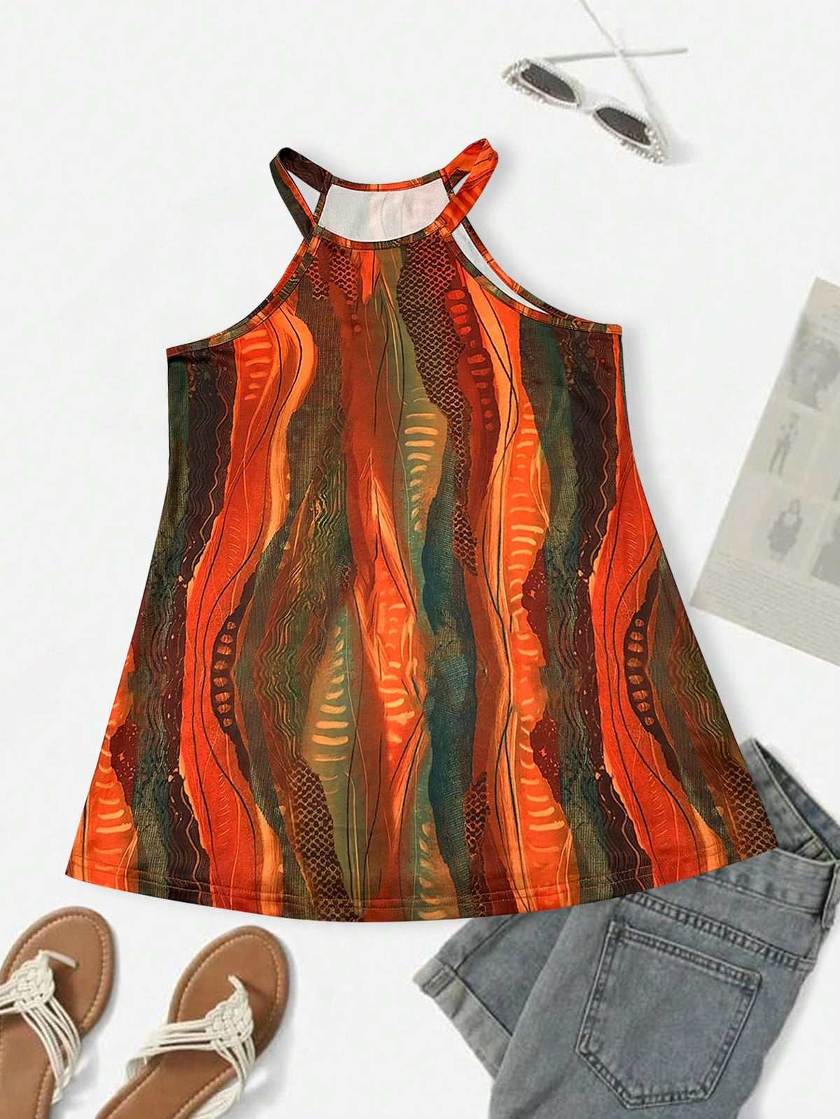 Women's Bohemian Abstract Print Sleeveless Casual Loose Flowing Halter Top, Bohemian Style, Mother's Day, Summer Beach Holiday, Daily Party Vacation