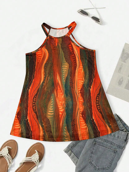 Women's Bohemian Abstract Print Sleeveless Casual Loose Flowing Halter Top, Bohemian Style, Mother's Day, Summer Beach Holiday, Daily Party Vacation