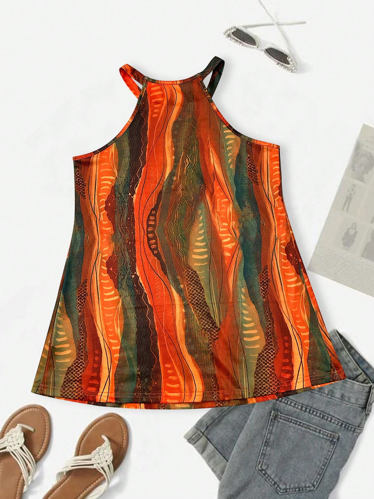 Women's Bohemian Abstract Print Sleeveless Casual Loose Flowing Halter Top, Bohemian Style, Mother's Day, Summer Beach Holiday, Daily Party Vacation