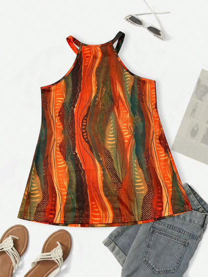 Women's Bohemian Abstract Print Sleeveless Casual Loose Flowing Halter Top, Bohemian Style, Mother's Day, Summer Beach Holiday, Daily Party Vacation