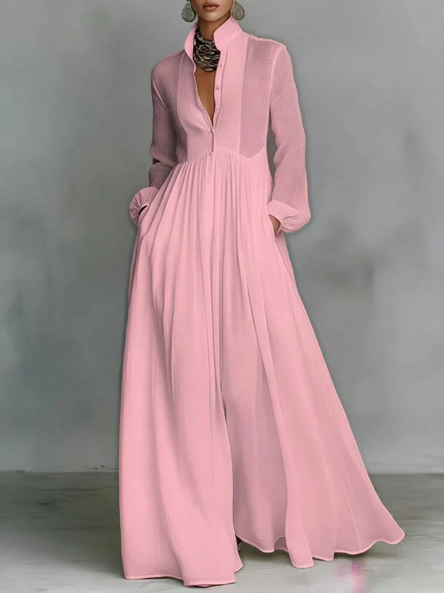 Women's Button-Down Maxi Shirt Dress, Long Sleeve Stand Collar Pleated Flowy Dress, Casual Elegant Outfit With Pockets