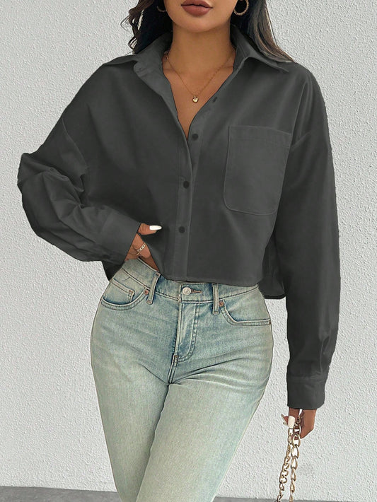 Women's Casual Basic Button-Up Shirt,Dark Grey Autumn Office Solid Color Oversized Cropped Button Down Top,Random Floral Print Cropped Shirt Women