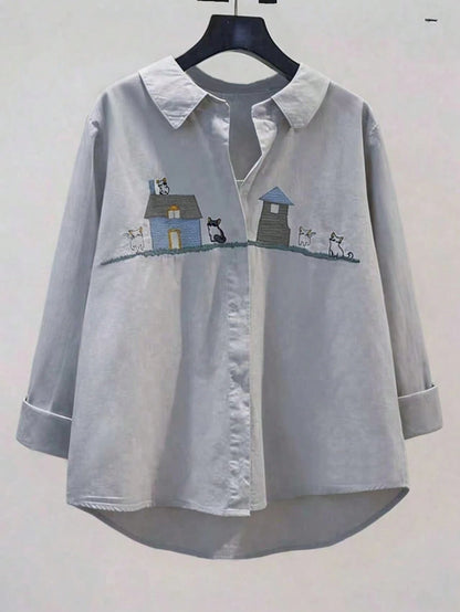 Women's Casual Cartoon Dog Print Long Sleeve Shirt Spring