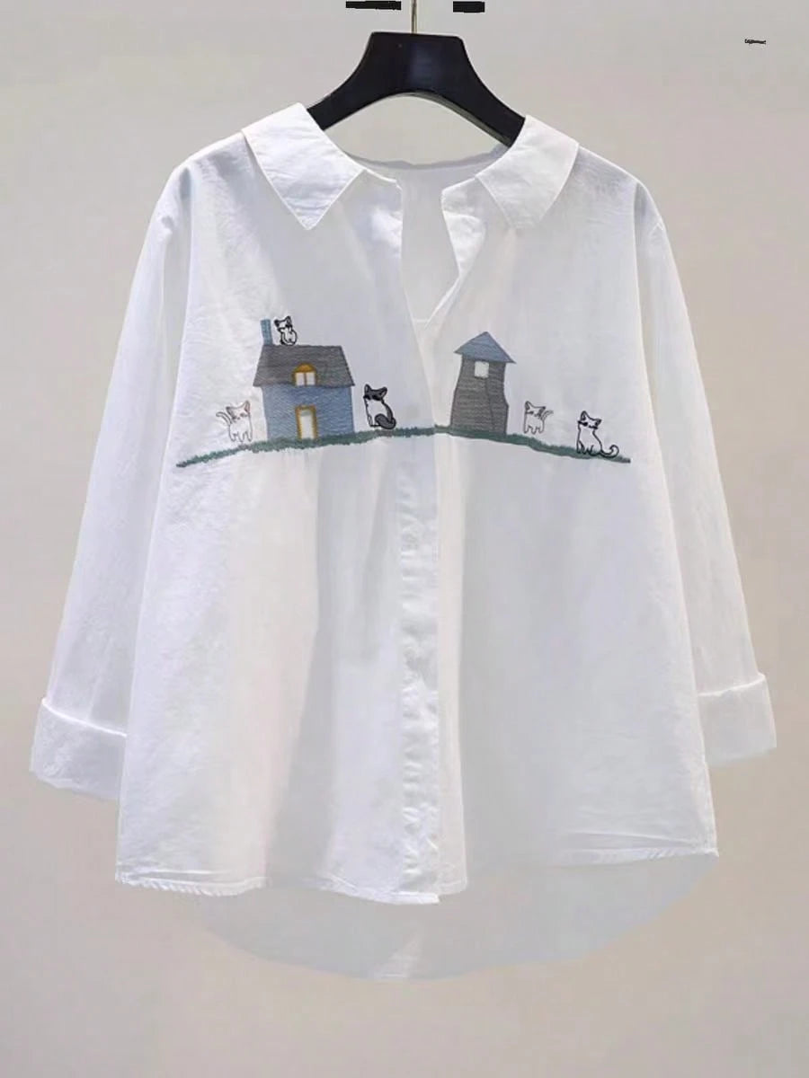 Women's Casual Cartoon Dog Print Long Sleeve Shirt Spring