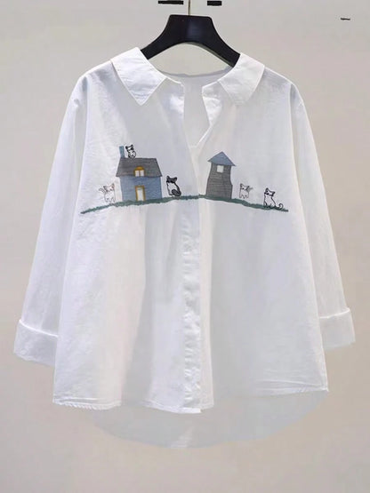 Women's Casual Cartoon Dog Print Long Sleeve Shirt Spring