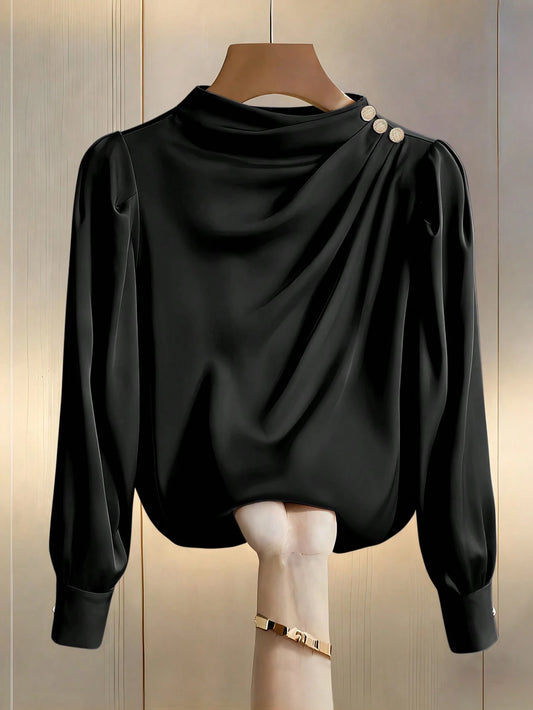 Women's Casual Commuter Shirt With Stand Collar, Pleated Design, And Princess Sleeves, Suitable For Spring And Autumn Black
