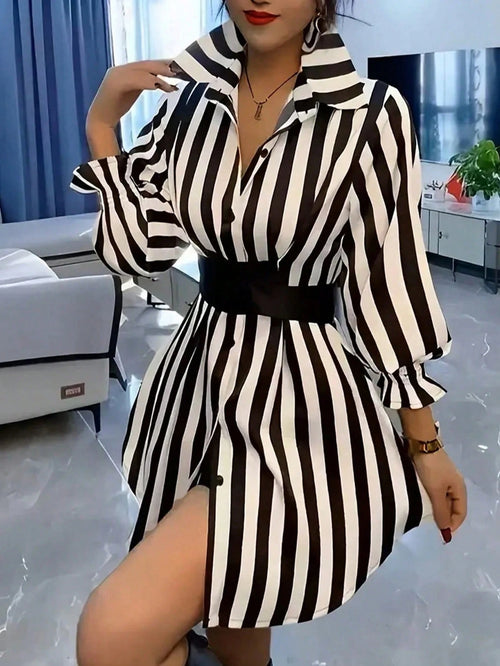 Women's Casual Commuter Striped Mid-Length Shirt, Lapel Flare Sleeve, Button Front Ruffle Detail, Polyester Fabric, Black & White Striped Lapel Mini Skirt, French Waist Lantern Sleeve Shirt Dress, Ess