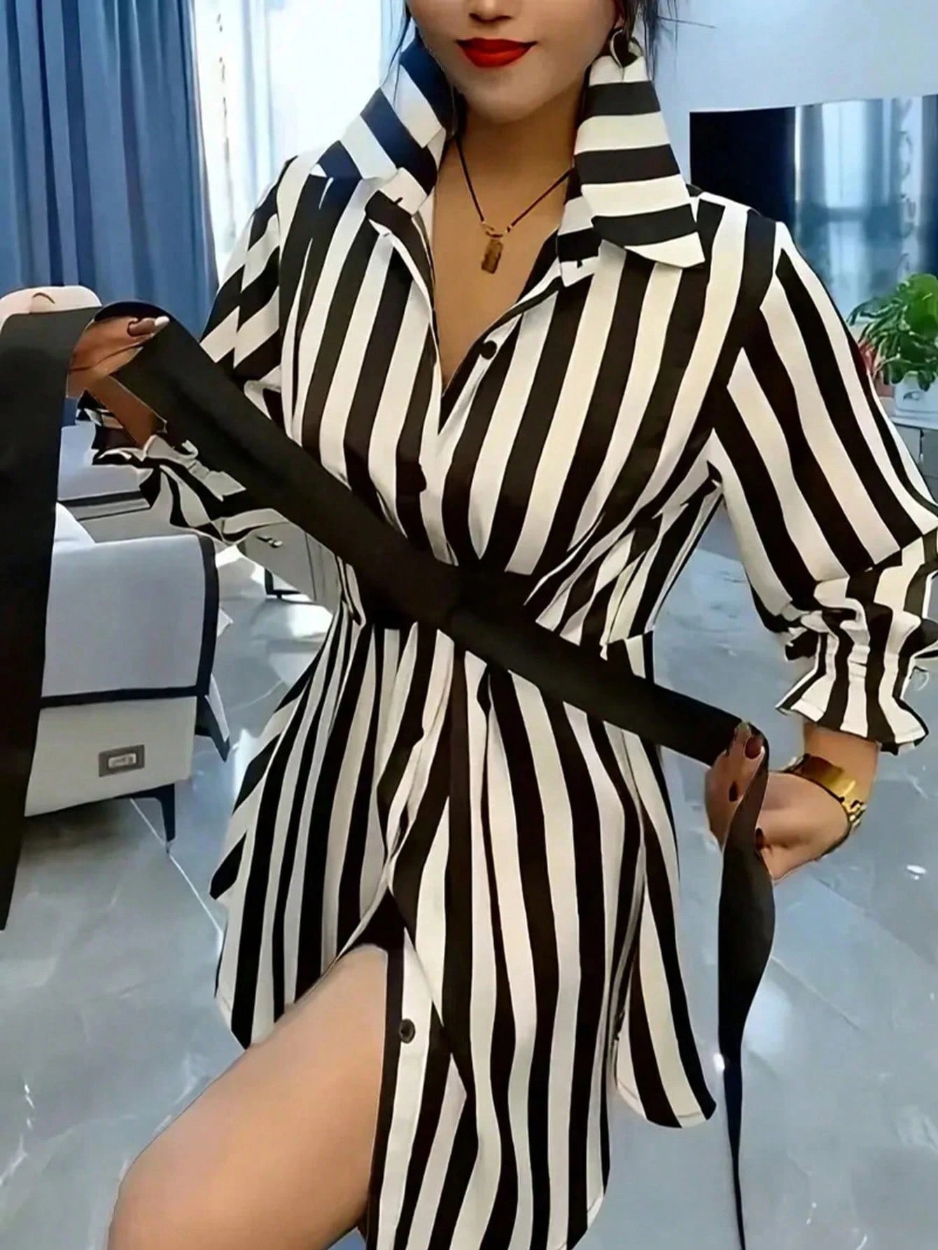 Women's Casual Commuter Striped Mid-Length Shirt, Lapel Flare Sleeve, Button Front Ruffle Detail, Polyester Fabric, Black & White Striped Lapel Mini Skirt, French Waist Lantern Sleeve Shirt Dress, Ess