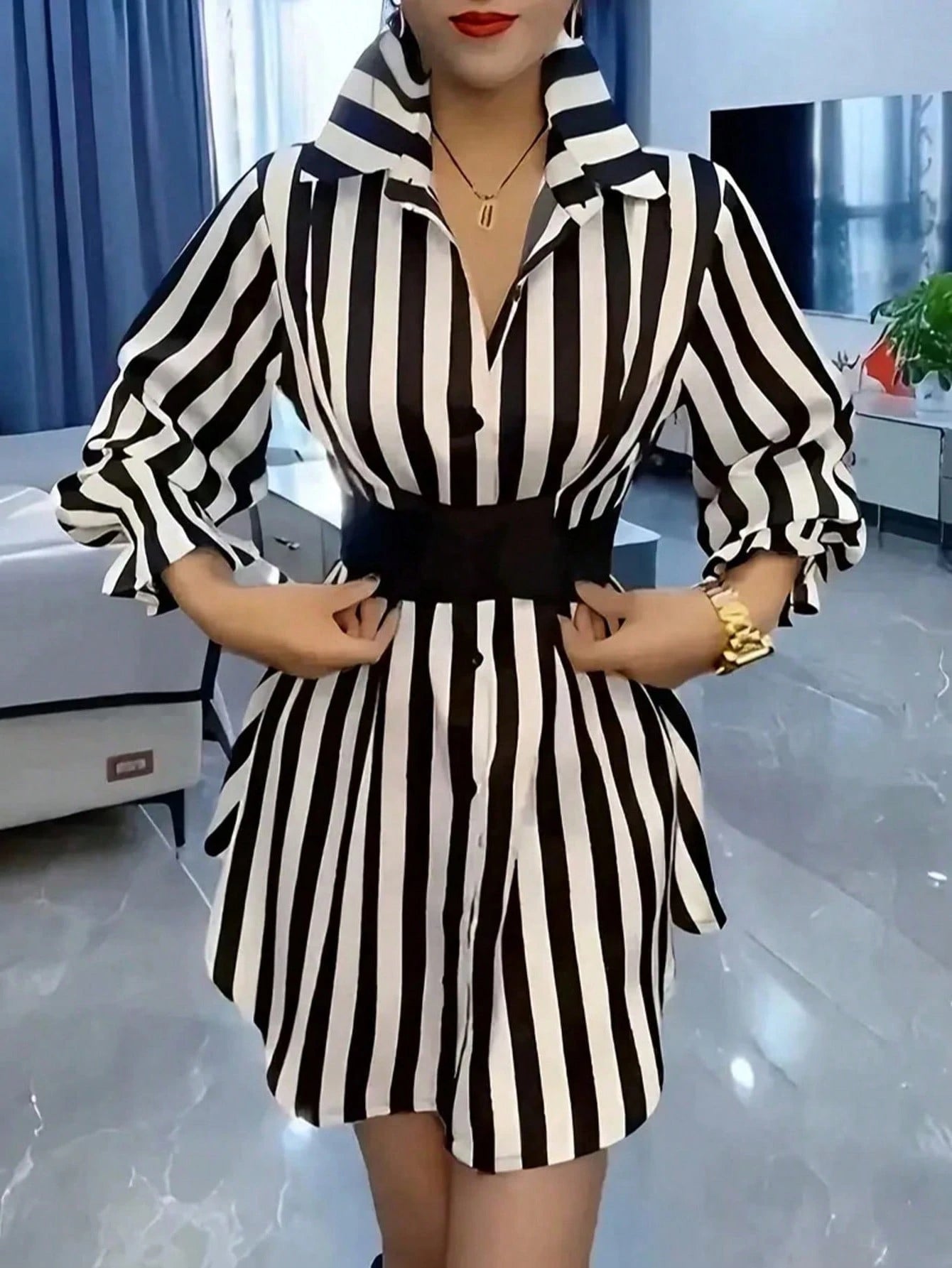 Women's Casual Commuter Striped Mid-Length Shirt, Lapel Flare Sleeve, Button Front Ruffle Detail, Polyester Fabric, Black & White Striped Lapel Mini Skirt, French Waist Lantern Sleeve Shirt Dress, Ess
