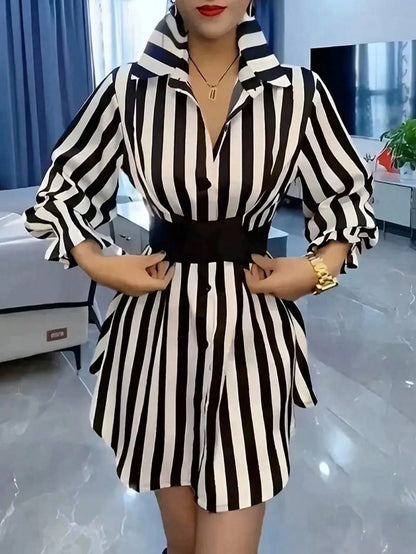Women's Casual Commuter Striped Mid-Length Shirt, Lapel Flare Sleeve, Button Front Ruffle Detail, Polyester Fabric, Black & White Striped Lapel Mini Skirt, French Waist Lantern Sleeve Shirt Dress, Ess