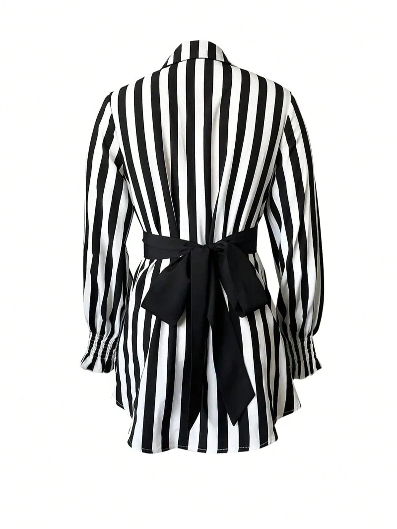 Women's Casual Commuter Striped Mid-Length Shirt, Lapel Flare Sleeve, Button Front Ruffle Detail, Polyester Fabric, Black & White Striped Lapel Mini Skirt, French Waist Lantern Sleeve Shirt Dress, Ess