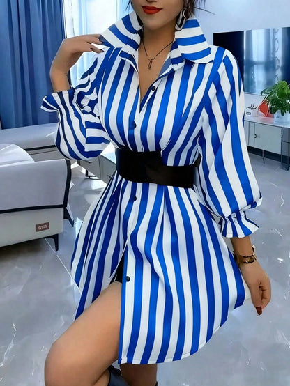 Women's Casual Commuter Striped Mid-Length Shirt, Lapel Flare Sleeve, Button Front Ruffle Detail, Polyester Fabric, Black & White Striped Lapel Mini Skirt, French Waist Lantern Sleeve Shirt Dress, Ess