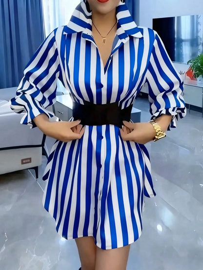 Women's Casual Commuter Striped Mid-Length Shirt, Lapel Flare Sleeve, Button Front Ruffle Detail, Polyester Fabric, Black & White Striped Lapel Mini Skirt, French Waist Lantern Sleeve Shirt Dress, Ess