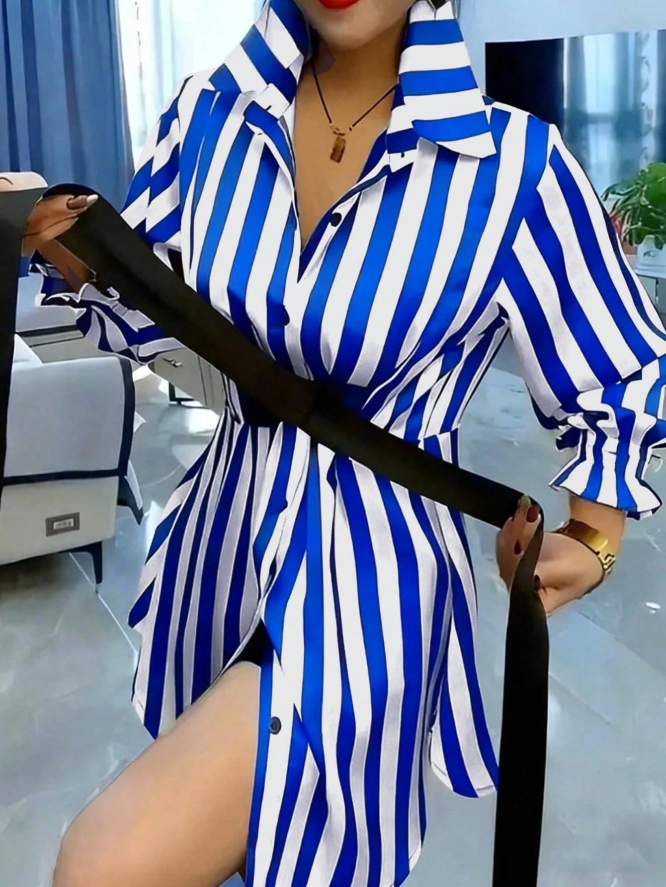 Women's Casual Commuter Striped Mid-Length Shirt, Lapel Flare Sleeve, Button Front Ruffle Detail, Polyester Fabric, Black & White Striped Lapel Mini Skirt, French Waist Lantern Sleeve Shirt Dress, Ess
