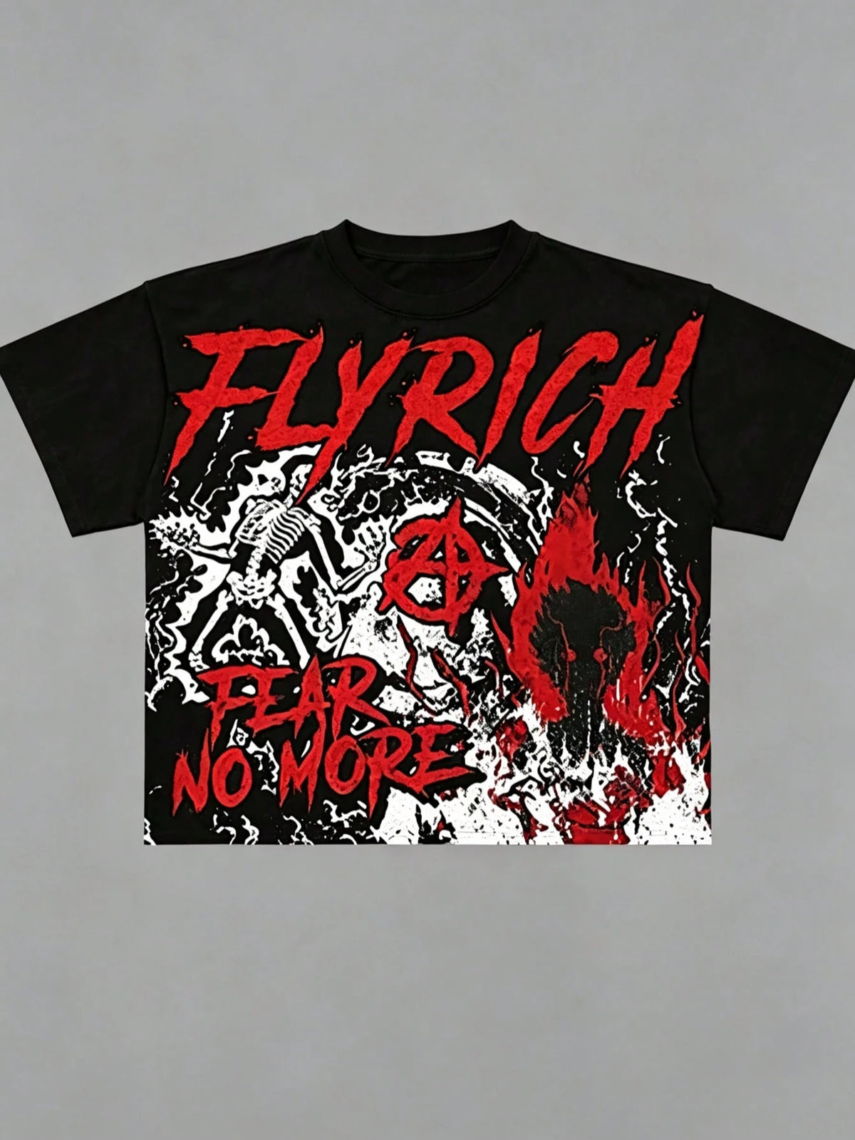 Women's Casual Cotton Round Neck Short Sleeve T-Shirt 'FLYRICH FEAR NO MORE' Skeleton Print Grunge Streetwear Top
