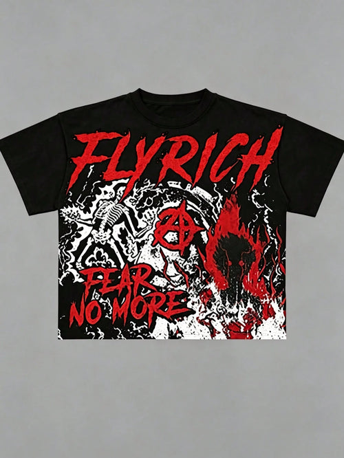 Women's Casual Cotton Round Neck Short Sleeve T-Shirt 'FLYRICH FEAR NO MORE' Skeleton Print Grunge Streetwear Top