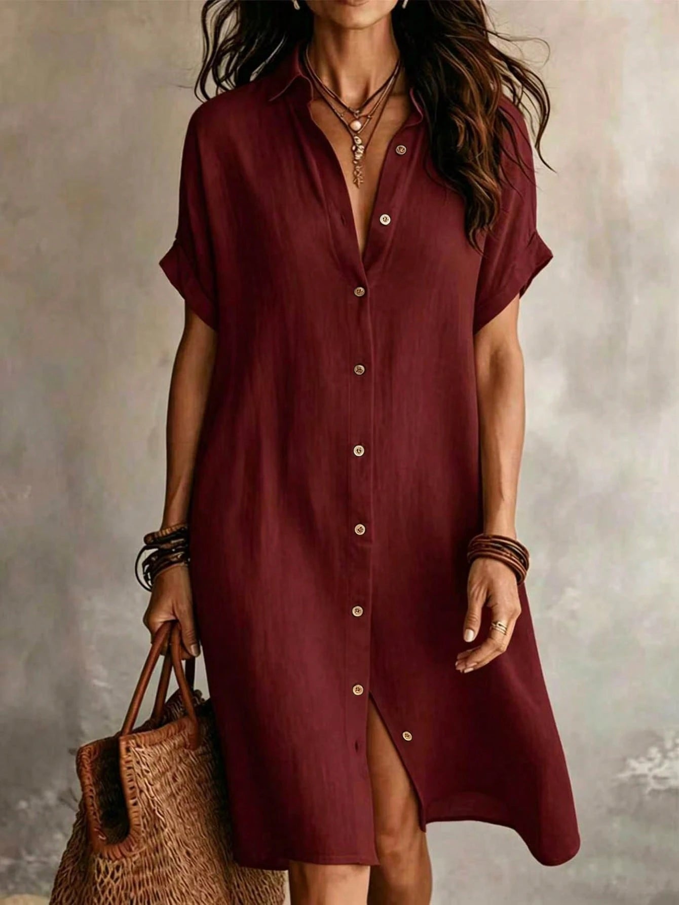 Women's Casual Ivory Woven Shirt Dress, Collared Short Sleeve Front Button Design, Asymmetric Hemline, Knee Length Elegant Summer, Quiet Luxury