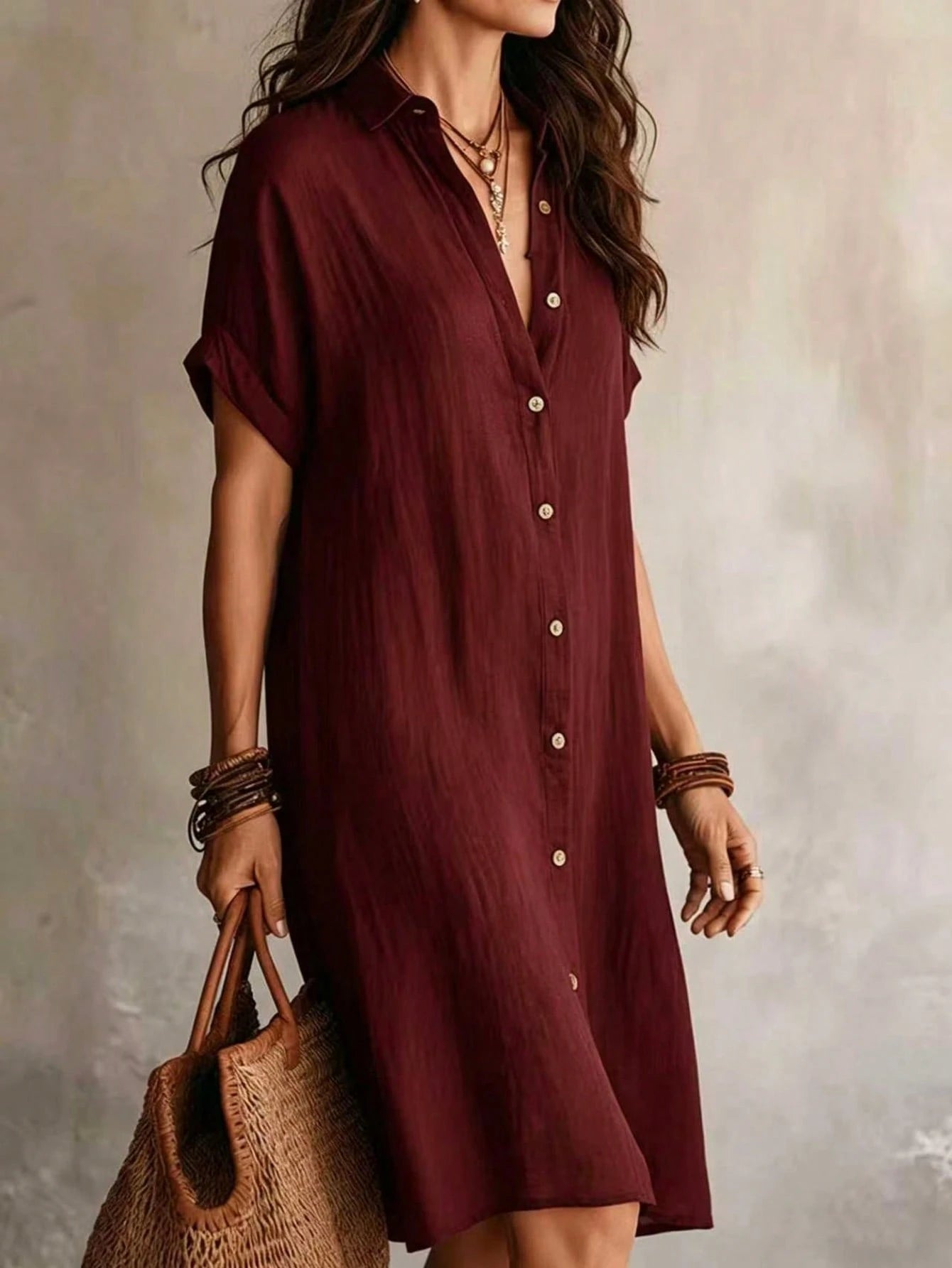 Women's Casual Ivory Woven Shirt Dress, Collared Short Sleeve Front Button Design, Asymmetric Hemline, Knee Length Elegant Summer, Quiet Luxury