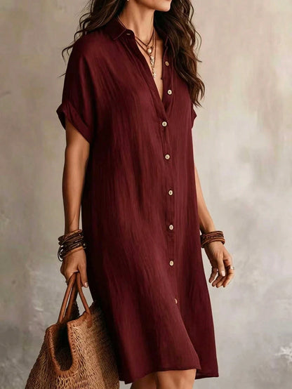 Women's Casual Ivory Woven Shirt Dress, Collared Short Sleeve Front Button Design, Asymmetric Hemline, Knee Length Elegant Summer, Quiet Luxury