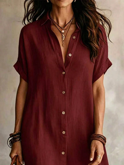 Women's Casual Ivory Woven Shirt Dress, Collared Short Sleeve Front Button Design, Asymmetric Hemline, Knee Length Elegant Summer, Quiet Luxury