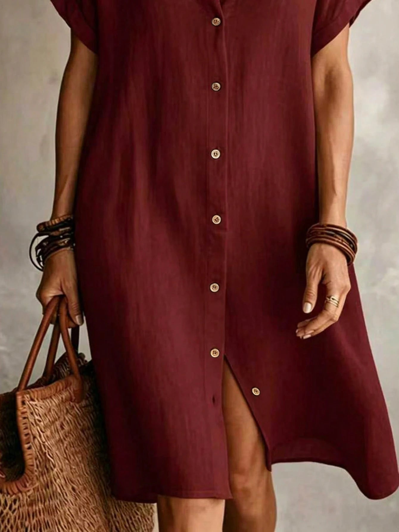 Women's Casual Ivory Woven Shirt Dress, Collared Short Sleeve Front Button Design, Asymmetric Hemline, Knee Length Elegant Summer, Quiet Luxury
