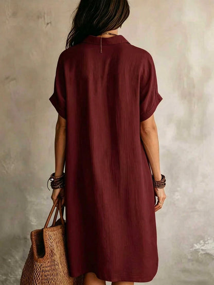 Women's Casual Ivory Woven Shirt Dress, Collared Short Sleeve Front Button Design, Asymmetric Hemline, Knee Length Elegant Summer, Quiet Luxury