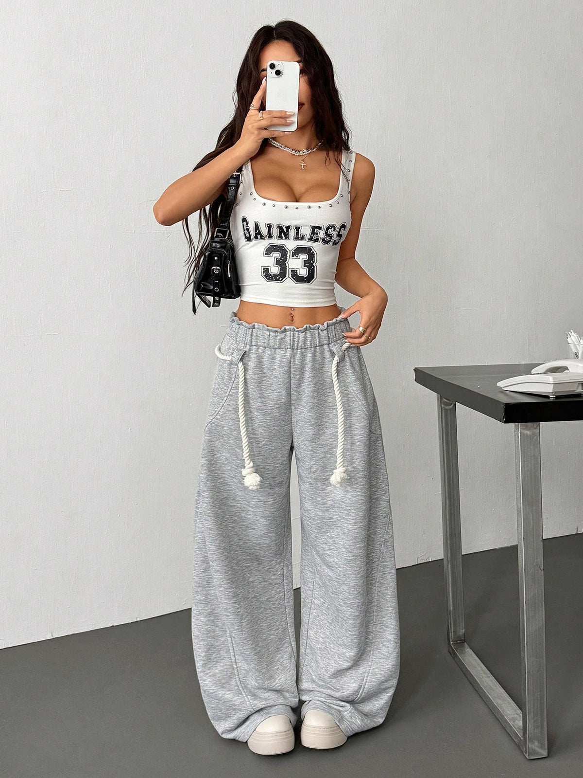 Women's Casual Paper Bag Waist Wide Leg Jogger Sweatpants