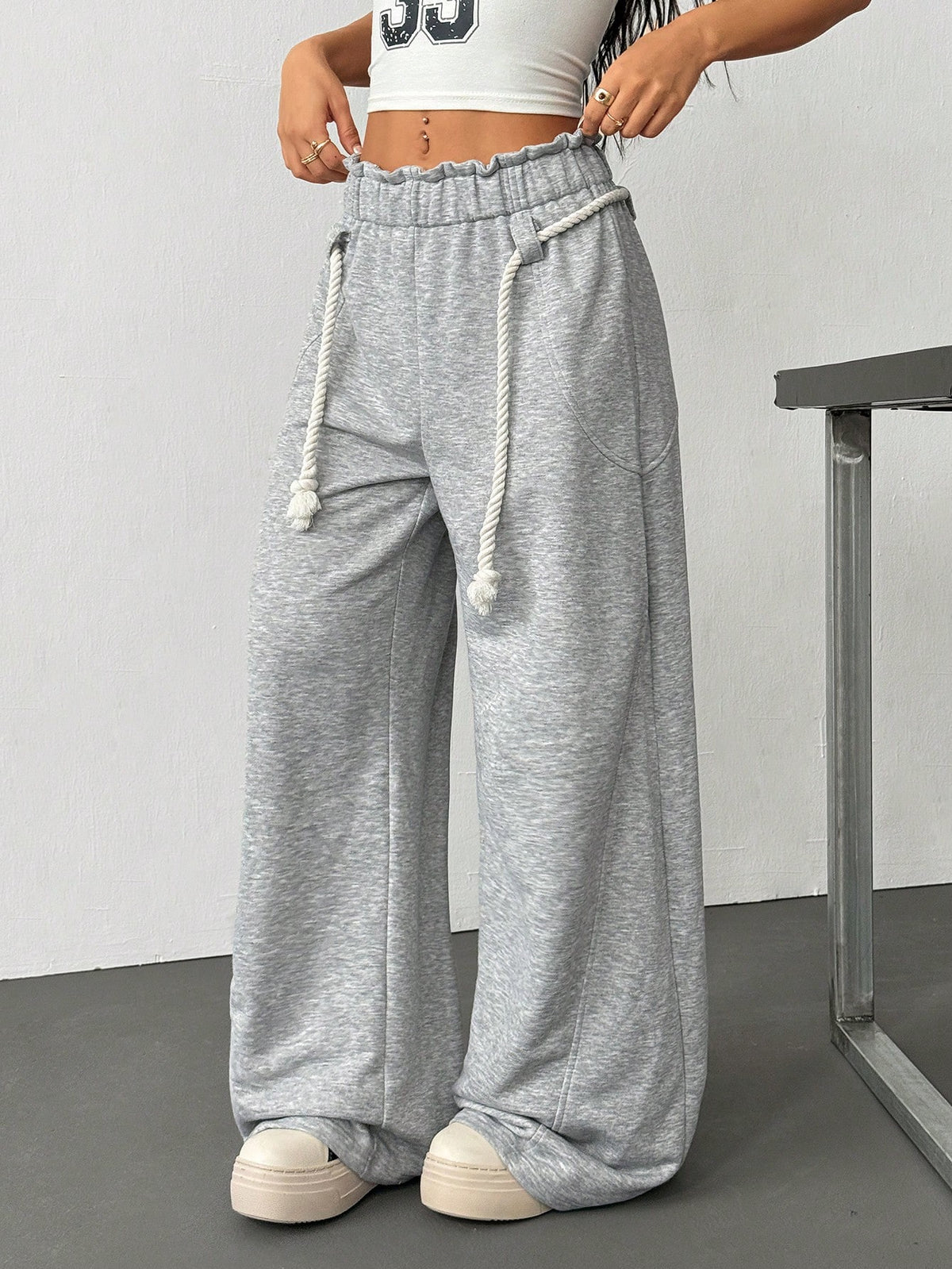 Women's Casual Paper Bag Waist Wide Leg Jogger Sweatpants