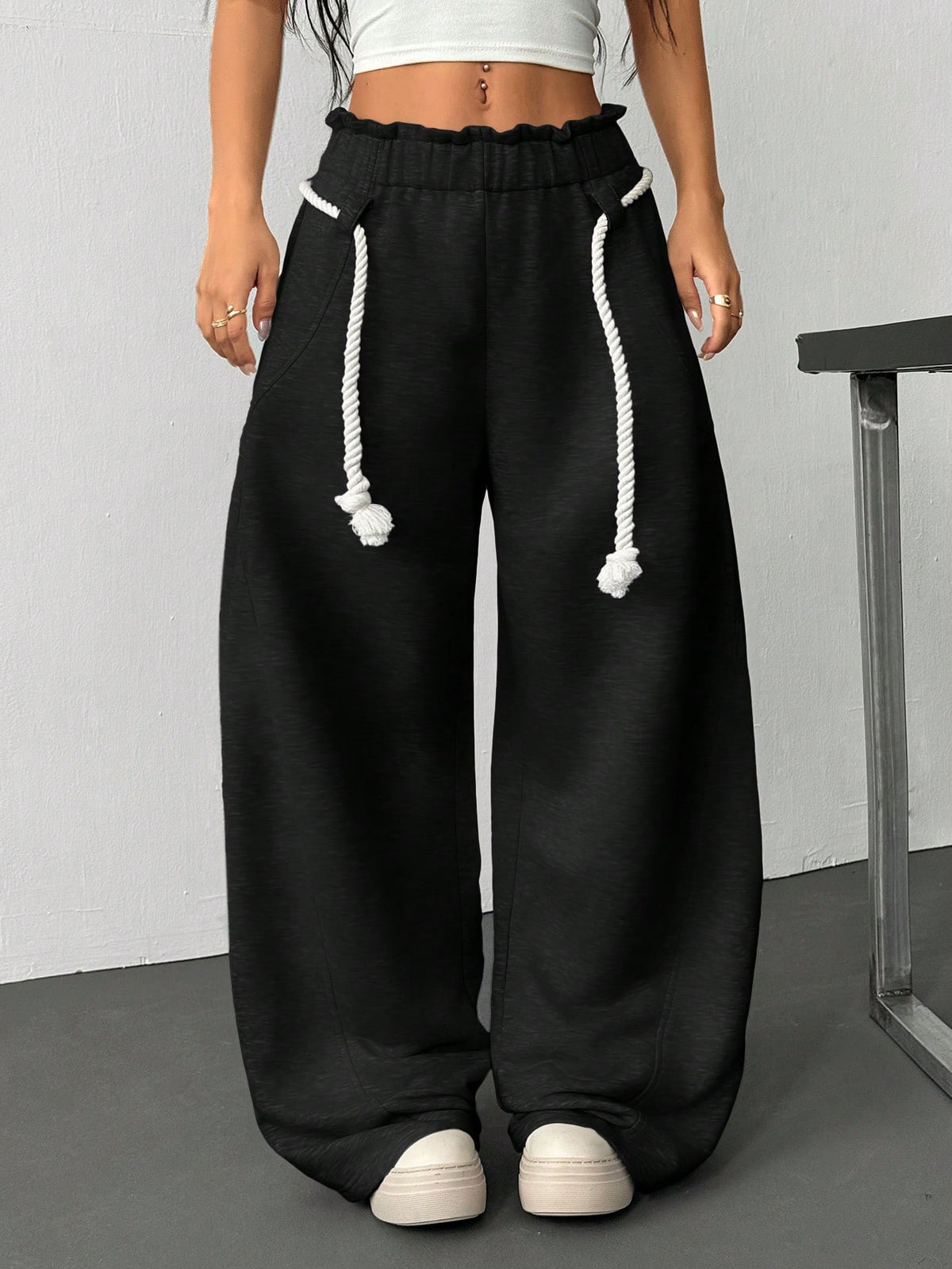 Women's Casual Paper Bag Waist Wide Leg Jogger Sweatpants