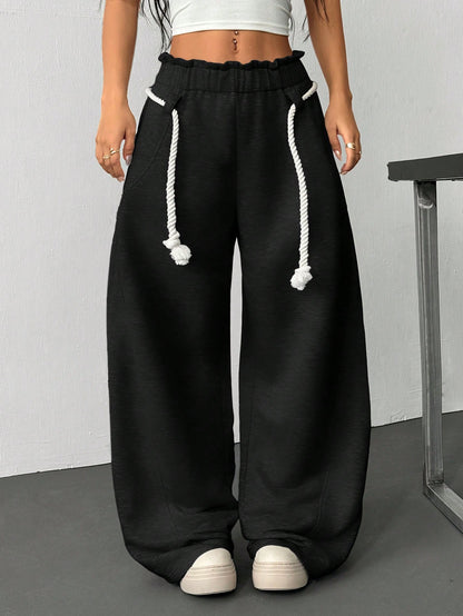 Women's Casual Paper Bag Waist Wide Leg Jogger Sweatpants