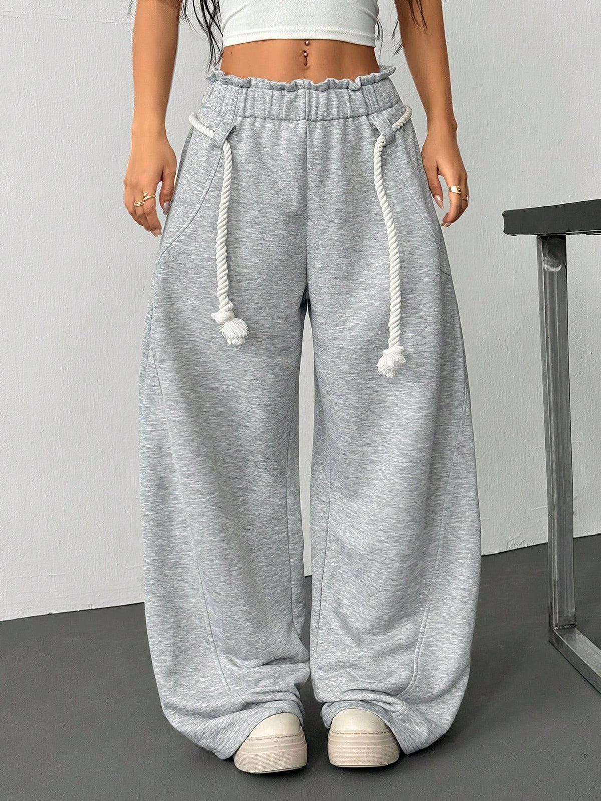 Women's Casual Paper Bag Waist Wide Leg Jogger Sweatpants