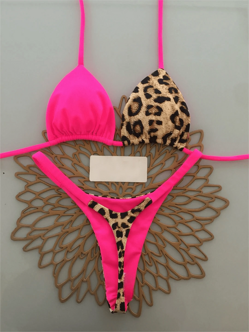 Women's Casual Pink Leopard Print Bikini Set, Camisole Top Paired With High-Waisted Swim Bottoms, Medium Stretch Fabric Vacation Beach Summer
