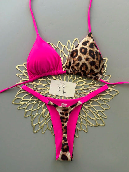Women's Casual Pink Leopard Print Bikini Set, Camisole Top Paired With High-Waisted Swim Bottoms, Medium Stretch Fabric Vacation Beach Summer