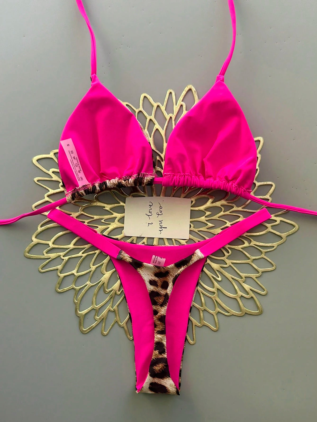 Women's Casual Pink Leopard Print Bikini Set, Camisole Top Paired With High-Waisted Swim Bottoms, Medium Stretch Fabric Vacation Beach Summer