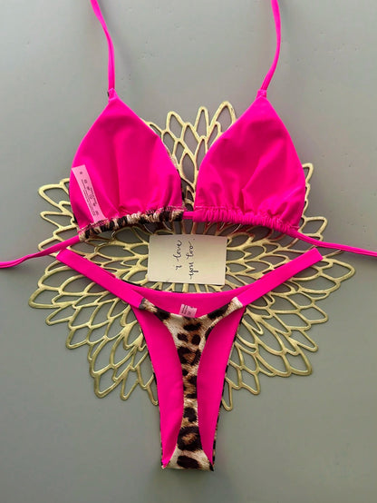 Women's Casual Pink Leopard Print Bikini Set, Camisole Top Paired With High-Waisted Swim Bottoms, Medium Stretch Fabric Vacation Beach Summer