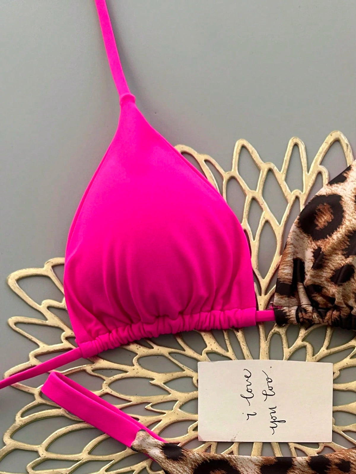 Women's Casual Pink Leopard Print Bikini Set, Camisole Top Paired With High-Waisted Swim Bottoms, Medium Stretch Fabric Vacation Beach Summer