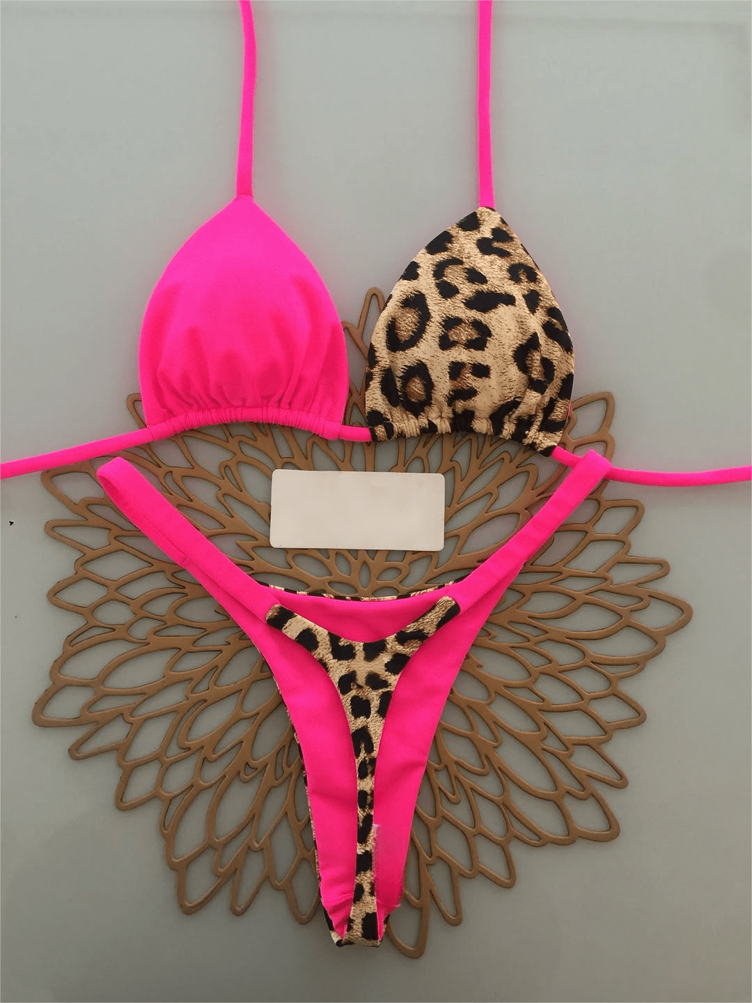 Women's Casual Pink Leopard Print Bikini Set, Camisole Top Paired With High-Waisted Swim Bottoms, Medium Stretch Fabric Vacation Beach Summer
