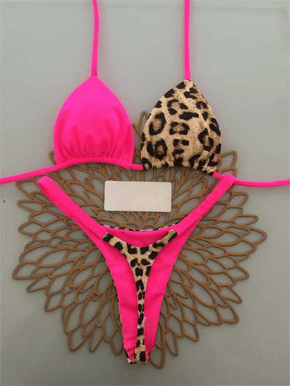 Women's Casual Pink Leopard Print Bikini Set, Camisole Top Paired With High-Waisted Swim Bottoms, Medium Stretch Fabric Vacation Beach Summer