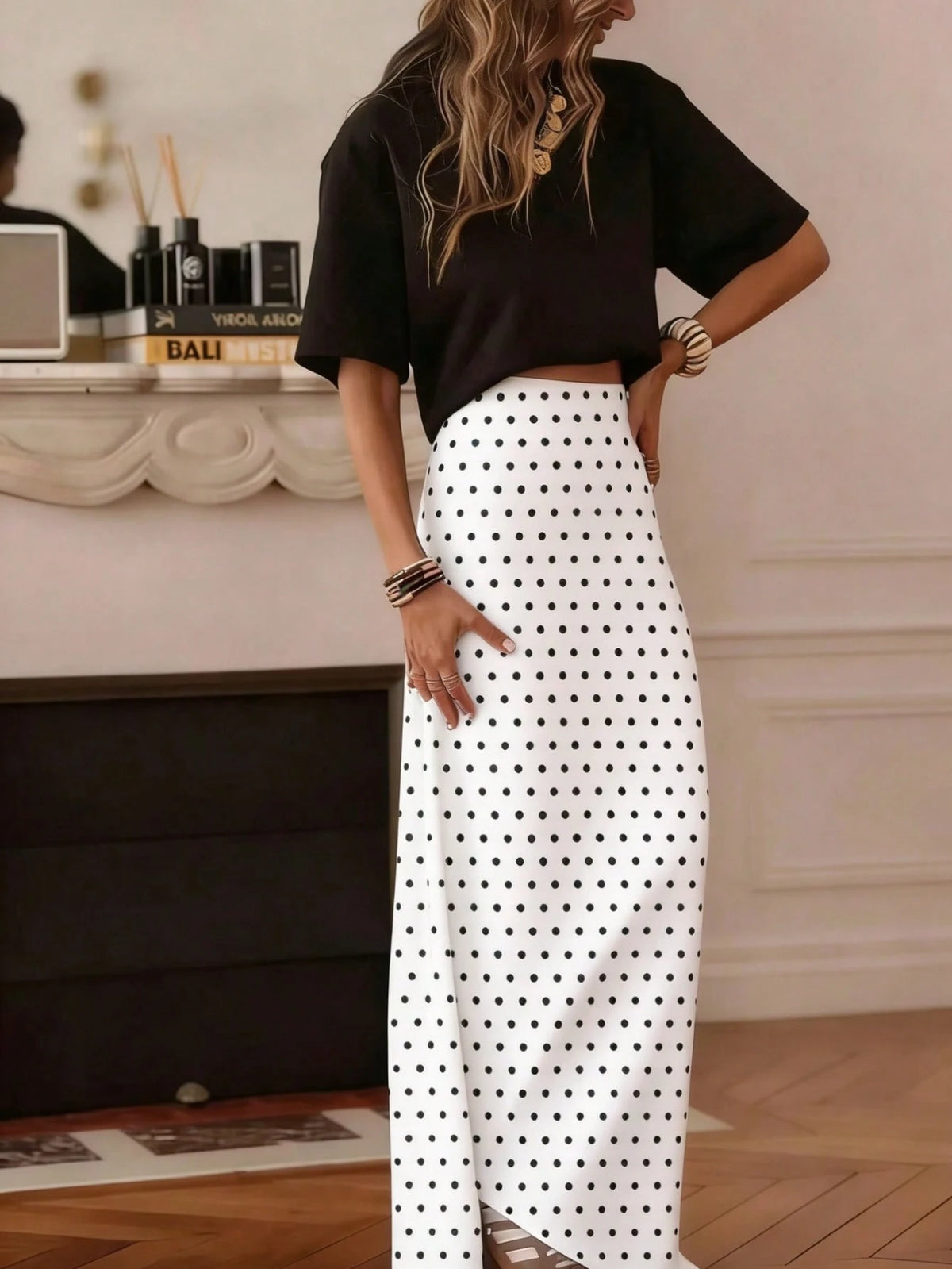 Women's Casual Polka Dot A-Line Maxi Skirt, Made Of Non-Stretch Woven Fabric, Suitable For Daily Wear, Summer White Spring