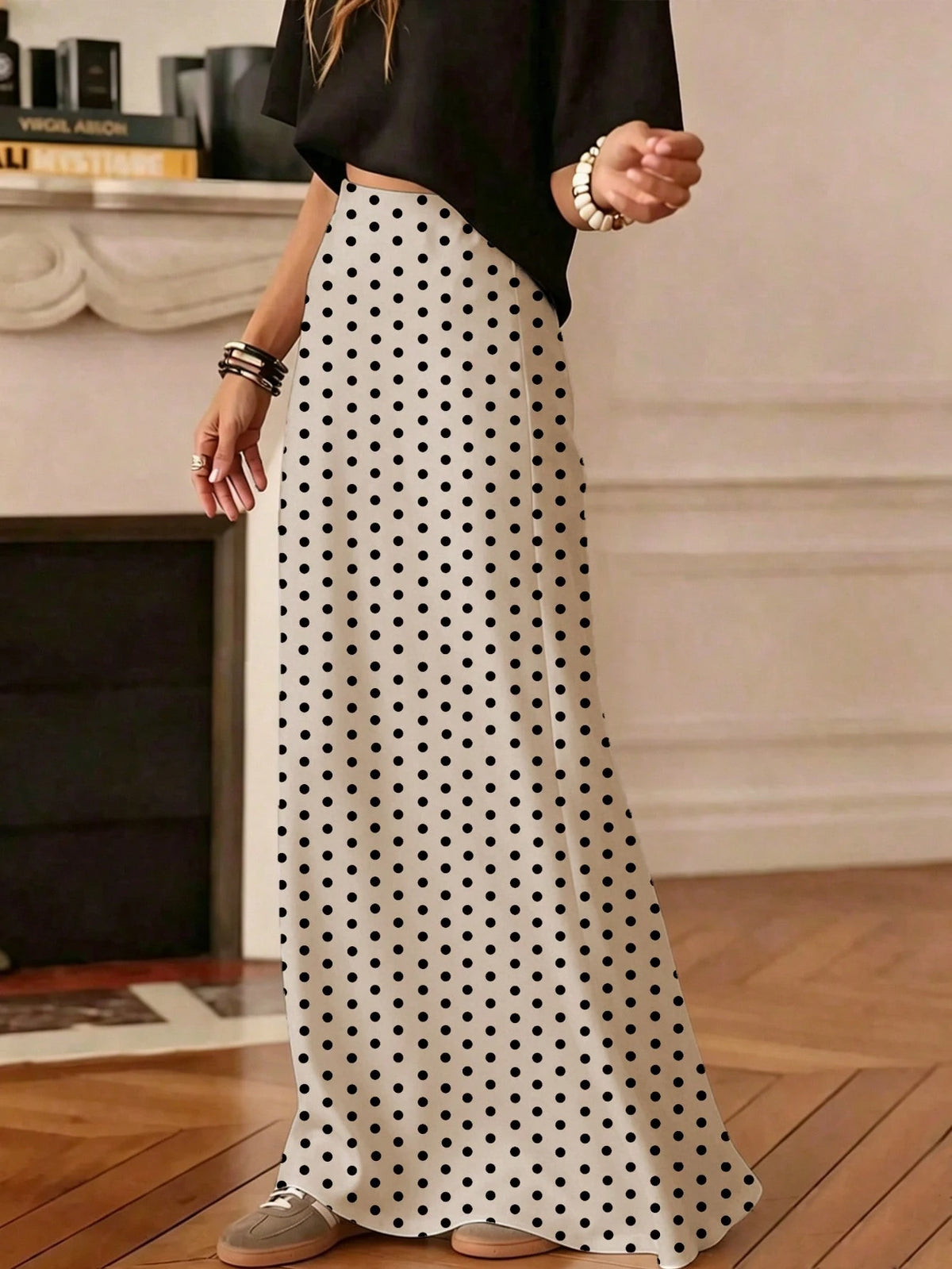 Women's Casual Polka Dot A-Line Maxi Skirt, Made Of Non-Stretch Woven Fabric, Suitable For Daily Wear, Summer White Spring
