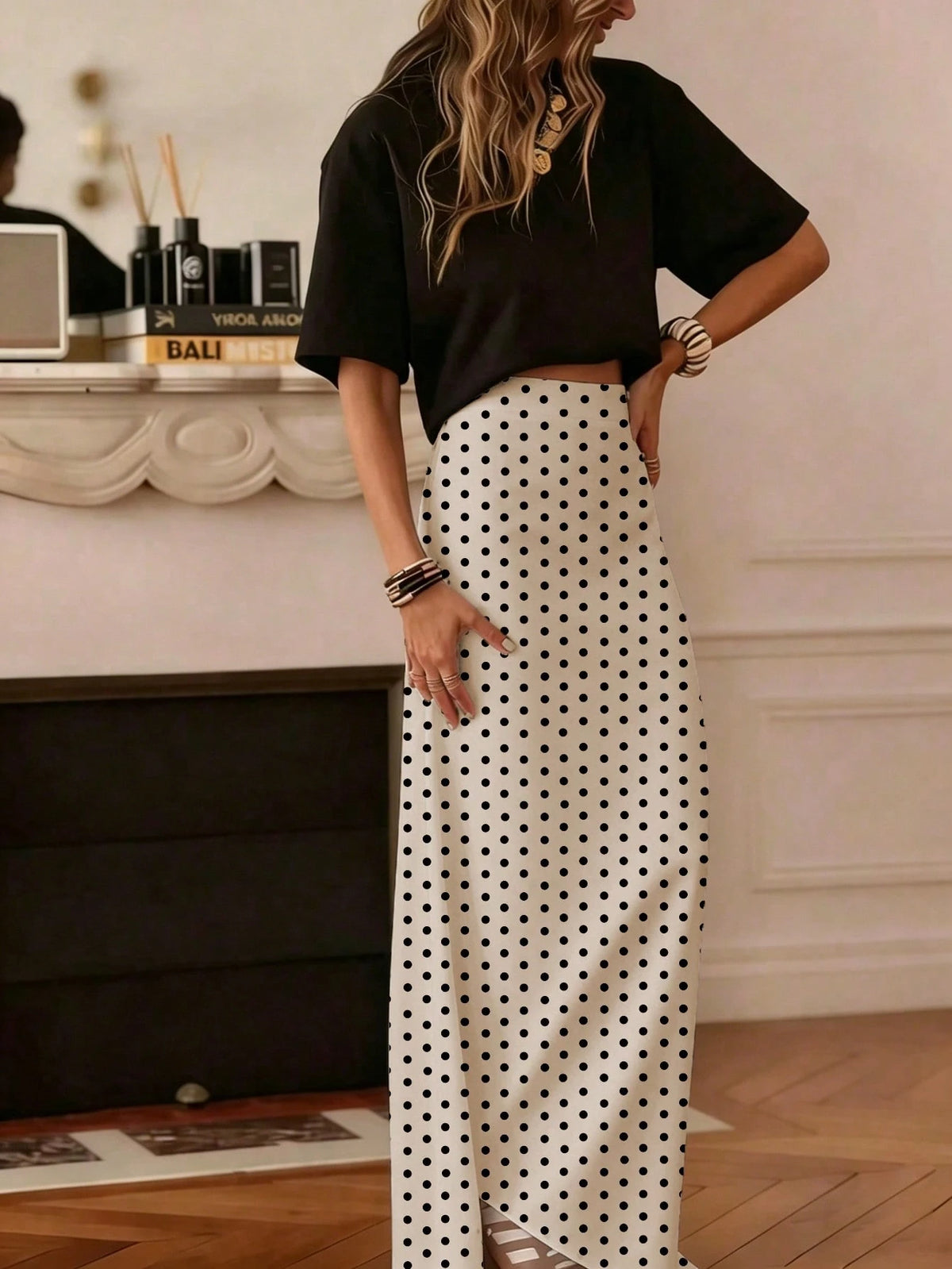 Women's Casual Polka Dot A-Line Maxi Skirt, Made Of Non-Stretch Woven Fabric, Suitable For Daily Wear, Summer White Spring