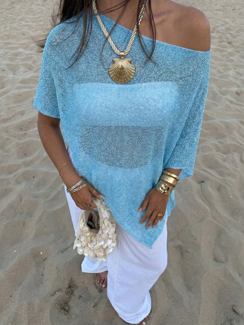 Women's Casual Sexy Shiny Lightweight Textured Solid Color Hollow Knit Cropped Top With Batwing Sleeves Vacation Beach Summer