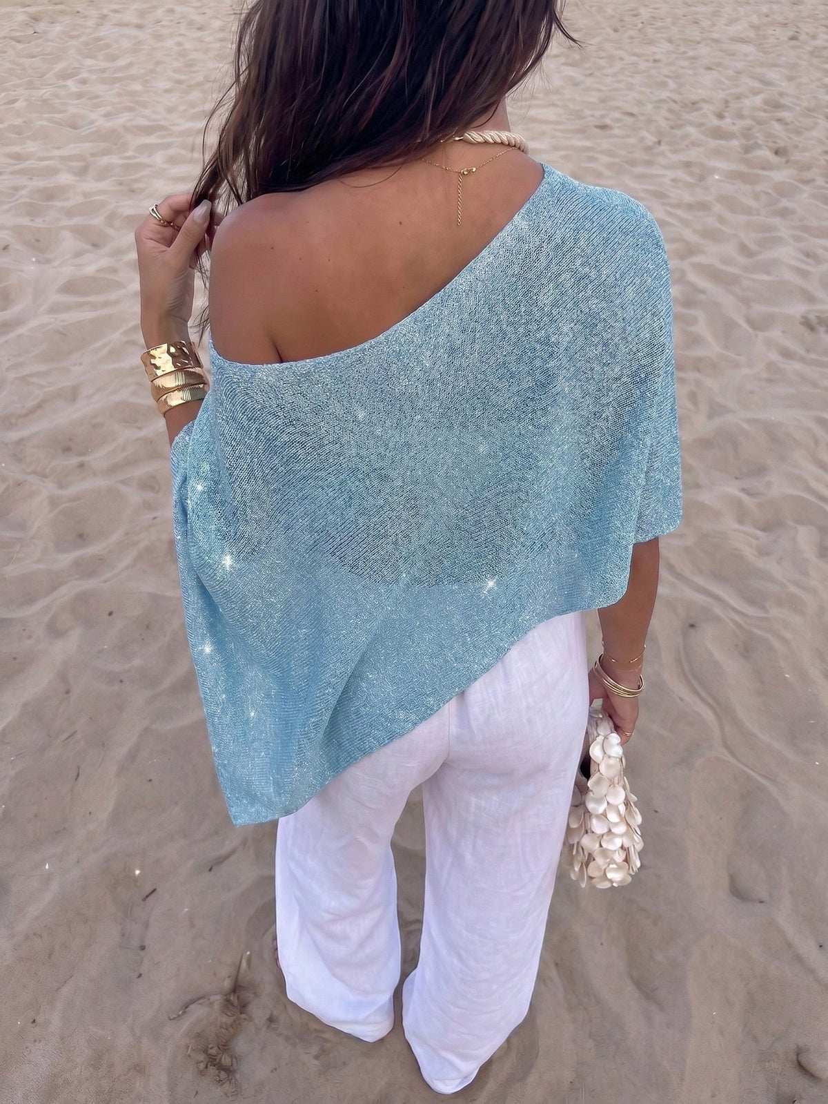 Women's Casual Sexy Shiny Lightweight Textured Solid Color Hollow Knit Cropped Top With Batwing Sleeves Vacation Beach Summer