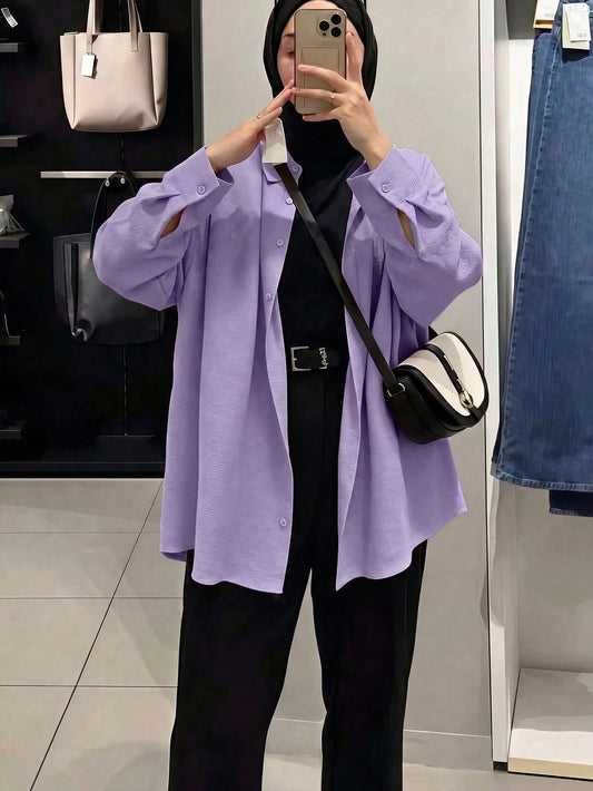 Women's Casual Solid Color Button-Down Long Sleeve Shirt, Elegant Blouse Suitable For Spring, Autumn & Winter Fall