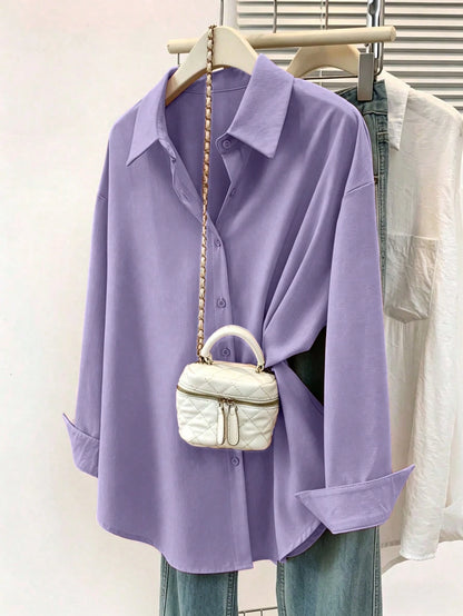 Women's Casual Solid Color Button-Down Long Sleeve Shirt, Elegant Blouse Suitable For Spring, Autumn & Winter Fall