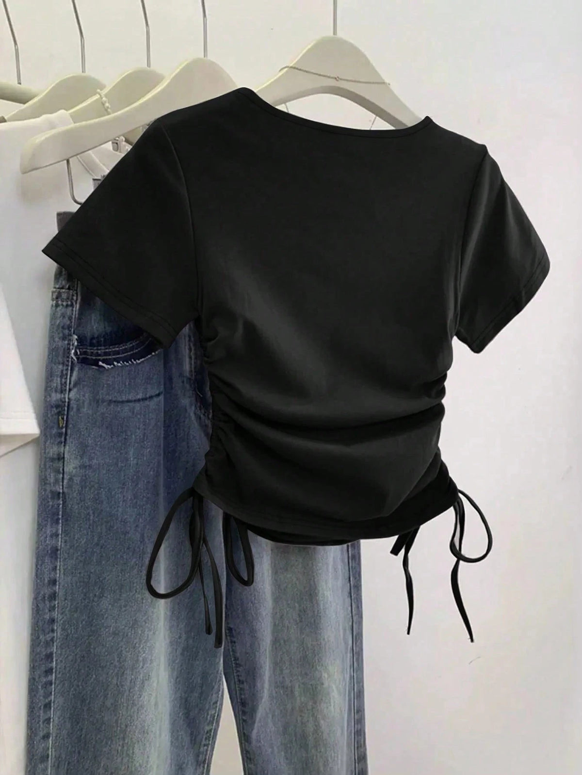 Women's Casual Solid Color Side-Drawstring Short Sleeve T-Shirt, Summer