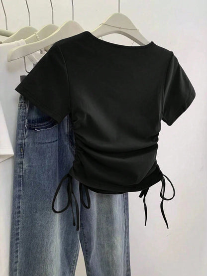 Women's Casual Solid Color Side-Drawstring Short Sleeve T-Shirt, Summer