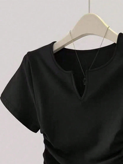 Women's Casual Solid Color Side-Drawstring Short Sleeve T-Shirt, Summer