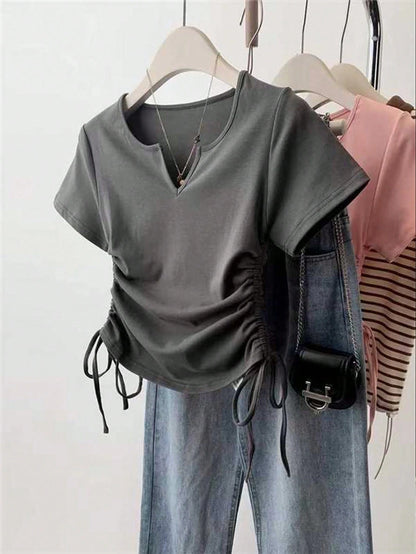 Women's Casual Solid Color Side-Drawstring Short Sleeve T-Shirt, Summer