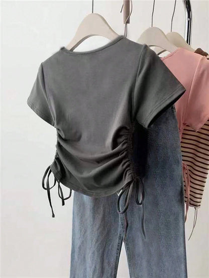 Women's Casual Solid Color Side-Drawstring Short Sleeve T-Shirt, Summer